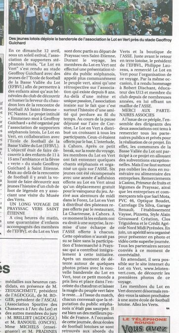 Article Le Petit Journal du 16 avril 2015 – « Emmenez-moi à Geoffroy Guichard » – Ecole Basse Vallée du Lot